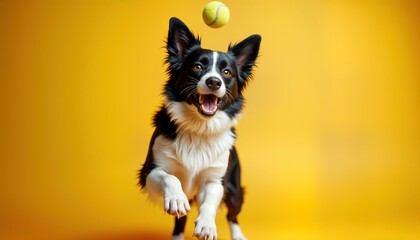 Fototapeta premium Happy dog playing fetch in studio. Adorable border collie puppy leaps joyfully towards tennis ball against bright yellow background. Dog purebred, active. Playful portrait happy pet. Good photo for