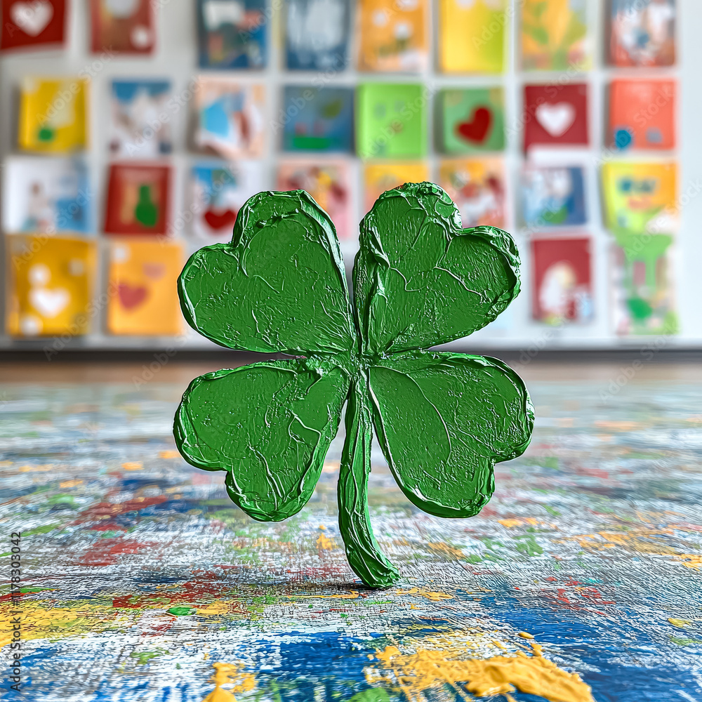 Poster green clover is sitting on a table with paint splatters all around it.