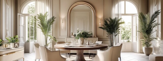 Luxurious dining room, Moroccan-inspired arched doorway, round wooden table, cream upholstered chairs, ornate ceiling molding, large potted plants, warm lighting, elegant table setting, symmetrical de