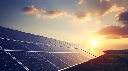 Solar panels collecting sunlight at sunset in a sustainable energy farm
