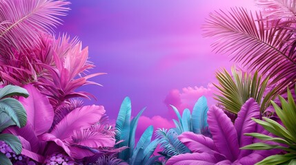 Vibrant Tropical Jungle Background with Colorful Leaves and Dreamy Purple Sky