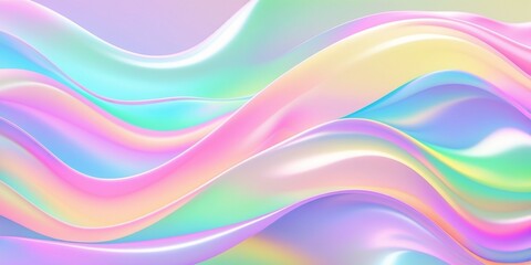 Obraz premium Abstract colorful background with soft, wavy patterns flowing horizontally. Vibrant pastel colors, including pink, blue, purple, green, and yellow, blend smoothly with a gradient effect.