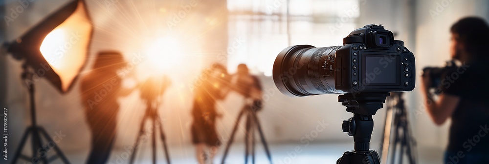 Poster professional photoshoot behind the scenes, camera on tripod focuses on models and photographers at w