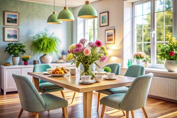 Scandinavian Dining Room Still Life, Tilt-Shift Photography, Minimalist Interior, Flower Arrangement, Modern Design, Serene Atmosphere