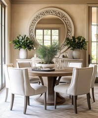Fototapeta premium Luxurious dining room, Moroccan-inspired arched doorway, round wooden table, cream upholstered chairs, ornate ceiling molding, large potted plants, warm lighting, elegant table setting, symmetrical de