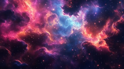 Naklejka premium A vibrant cosmic scene featuring swirling clouds of purple, pink, and blue, representing the vastness and beauty of space.