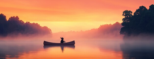 Serene Canoe Journey at Dawn Across Misty Lake with Colorful Sky