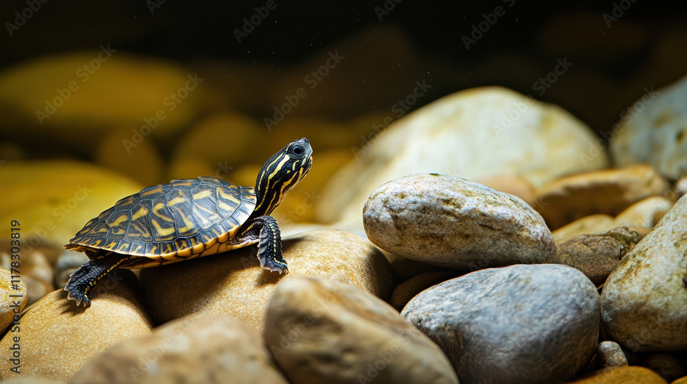 Poster little turtle navigating through underwater rocks, showcasing its unique shell patterns and vibrant 