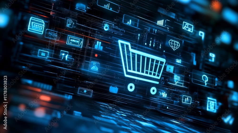 Poster digital shopping cart icon on a laptop screen with data visualization.