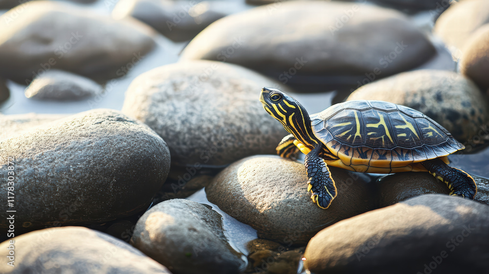 Poster little turtle navigating through underwater rocks, showcasing its vibrant shell and intricate patter