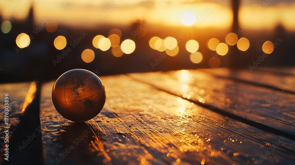 Poster miniature earth globe rests on a wooden table during sunset, bokeh lights in background.