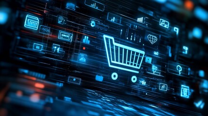 Fototapeta premium Digital shopping cart icon on a laptop screen with data visualization.