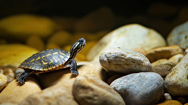 little turtle navigating through underwater rocks, showcasing its unique shell patterns and vibrant colors. serene underwater environment enhances its natural beauty