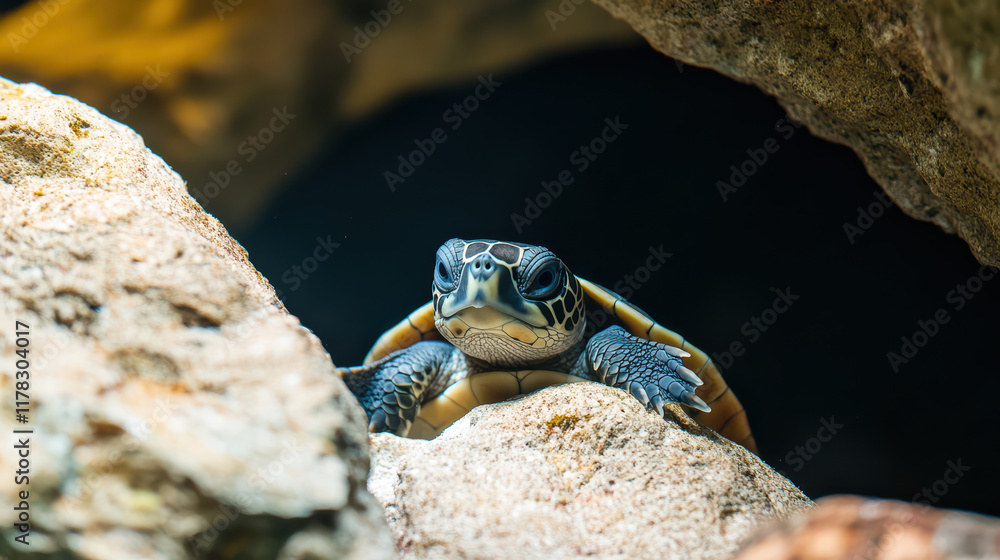 Poster little turtle peeking out from coral crevice, showcasing its unique patterns and textures. serene un