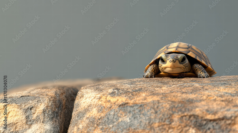Poster little turtle peeking out from behind rock, showcasing its curious expression and unique shell patte