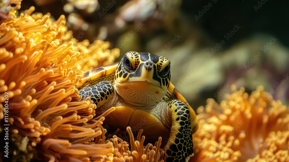 Poster little turtle peeking out from behind vibrant sea anemones, showcasing its unique patterns and color
