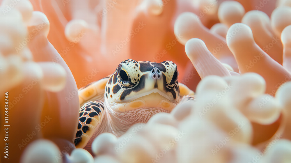 Poster little turtle peeking out from behind sea anemone, showcasing its unique patterns and colors in vibrant underwater scene. turtle curious expression adds charm to serene environment