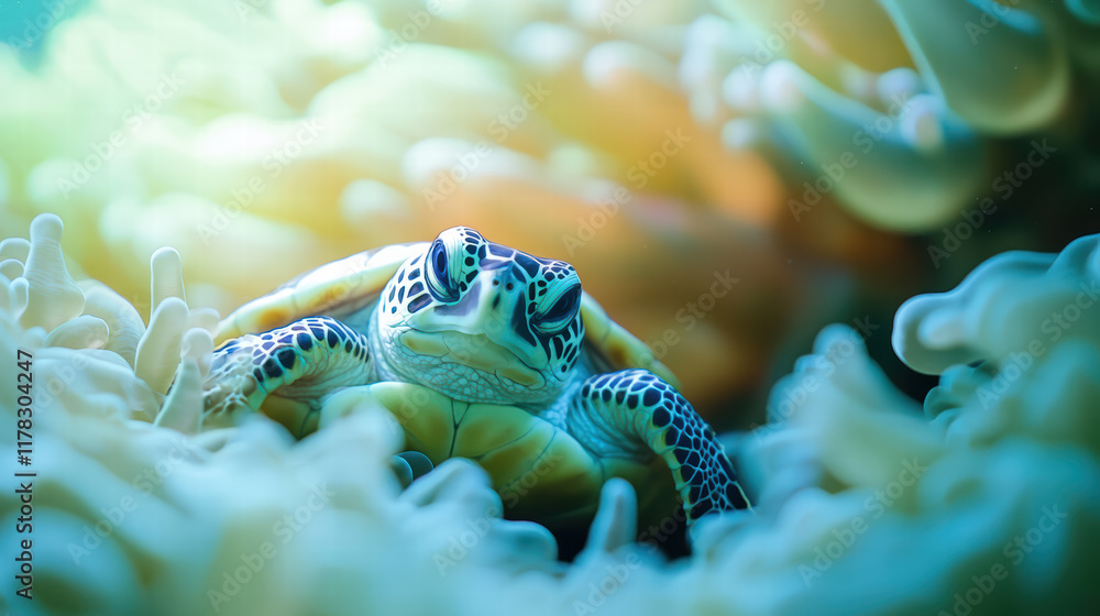 Poster little turtle peeking out from behind sea anemone, showcasing its intricate patterns and vibrant col