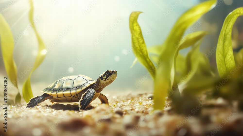 Poster little turtle exploring underwater with seaweed, surrounded by soft light and sandy ocean floor, cre