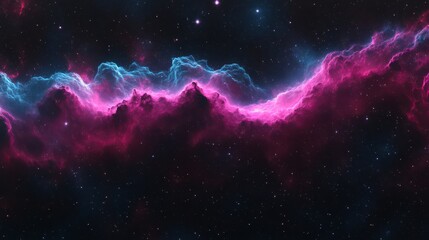 A vivid cosmic scene featuring vibrant pink and blue nebulae against a dark star-filled background.