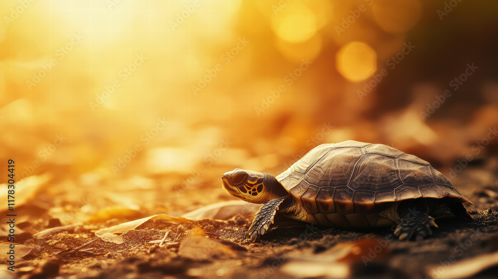 Poster little turtle resting on beach at dawn, surrounded by warm golden light and soft bokeh, creating ser