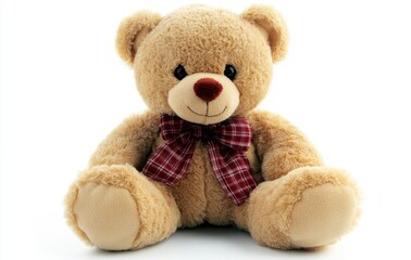 Photograph of a cute teddy bear toy, isolated on a white background, with ample space for text or design. The image is highly detailed and in sharp focus.