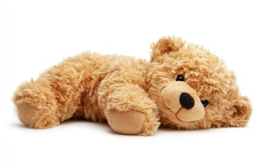 Photograph of a cute teddy bear toy, isolated on a white background, with ample space for text or design. The image is highly detailed and in sharp focus.
