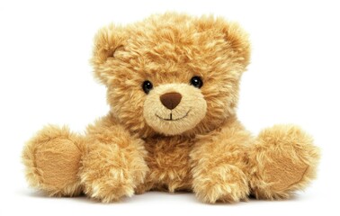 Photograph of a cute teddy bear toy, isolated on a white background, with ample space for text or design. The image is highly detailed and in sharp focus.