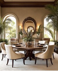 Luxurious dining room, Moroccan-inspired arched doorway, round wooden table, cream upholstered chairs, ornate ceiling molding, large potted plants, warm lighting, elegant table setting, symmetrical de
