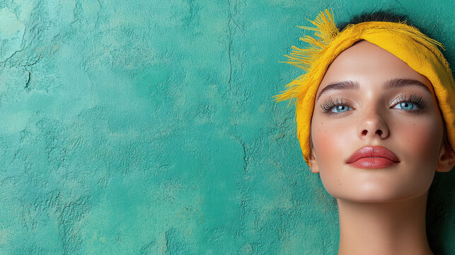 stunning woman with yellow headband poses against turquoise background