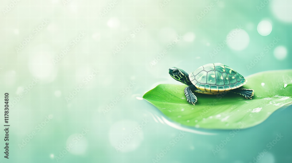 Poster little turtle resting on floating leaf in serene water, surrounded by soft bokeh lights, creates pea