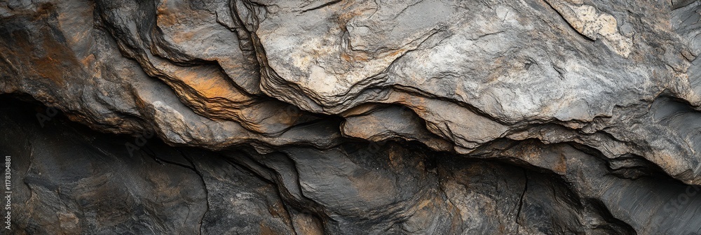 Poster close-up of layered, gray and brown rock formation with visible texture and patterns.