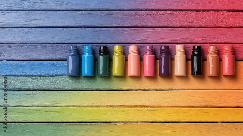 Poster vibrant display of colorful paint bottles arranged in rainbow pattern