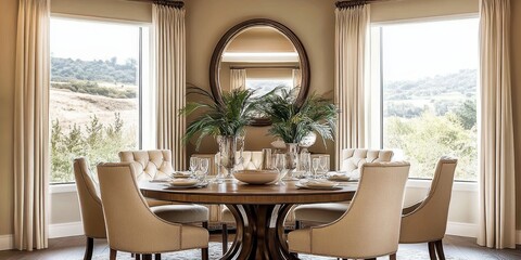 Fototapeta premium Elegant dining room, round wooden table, beige upholstered chairs, large circular mirror, natural light, indoor plants, neutral color palette, modern rustic design, white walls, arched windows, minima