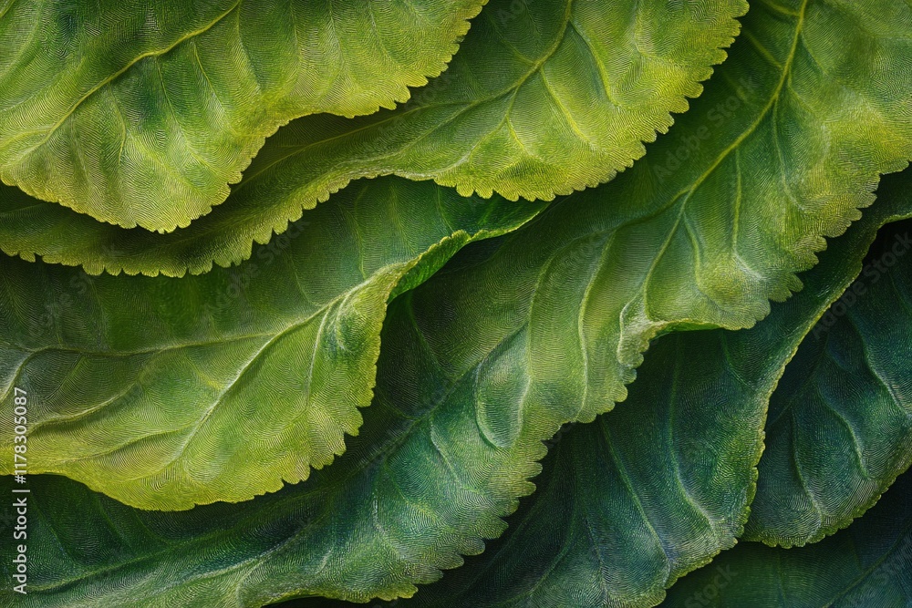 Aufkleber Close-up of overlapping green leaves with varying shades and textures, creating an abstract natural pattern.