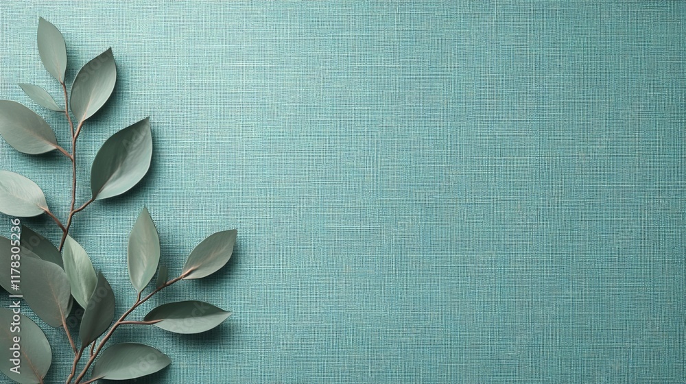 Poster green leaves on teal textured background with copy space.