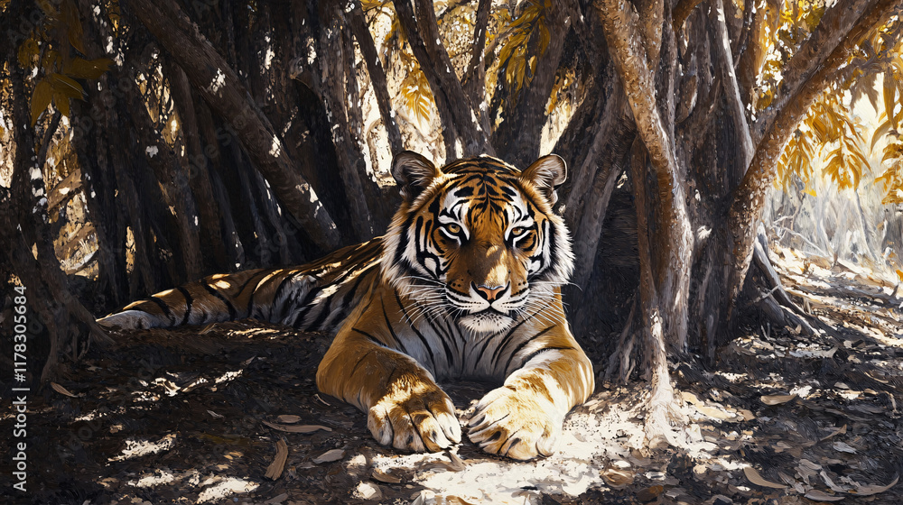 Poster a tiger resting in the shade of a banyan tree, with abstract dappled light falling on its fur, repre