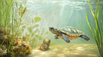 little turtle swimming gracefully in clear lagoon, surrounded by vibrant aquatic plants and soft sandy bottom, creating serene underwater scene