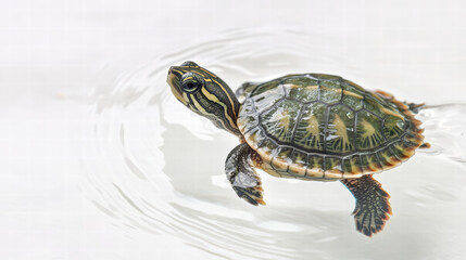 Obraz premium little turtle swimming in crystal clear sea, showcasing its vibrant shell and graceful movements. serene water reflects its beauty, creating peaceful underwater scene