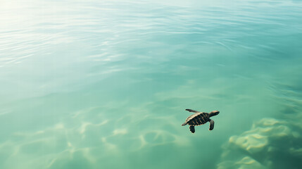Fototapeta premium little turtle swimming in crystal clear sea, surrounded by tranquil waters and gentle waves, creates serene underwater scene