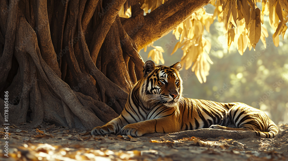 Poster a tiger resting in the shade of a banyan tree, with abstract dappled light falling on its fur, repre