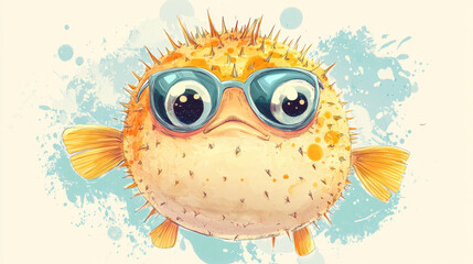 Obraz premium Whimsical puffer fish with sunglasses, showcasing playful expression and vibrant colors