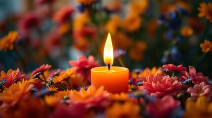 A lit orange candle glowing warmly, surrounded by flower arrangements of various colors, representing tranquility, celebration and beauty in a colorful and peaceful setting