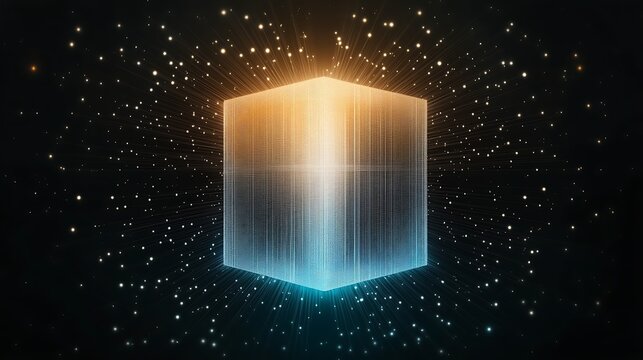 Glowing digital cube with particles radiating outward in dark space.
