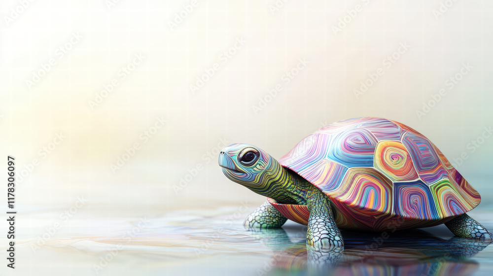 Poster little turtle with colorful shell, showcasing vibrant patterns and textures, rests on smooth surface