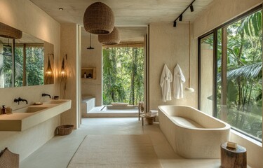 Luxurious bathroom with jungle view, stone bathtub, double vanity, and woven pendant lights.
