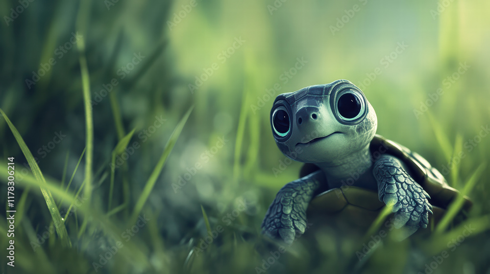 Poster little turtle with curious gaze peeks through lush green grass, showcasing its intricate shell and e