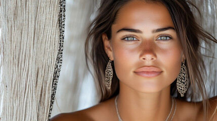captivating portrait of woman with striking blue eyes and elegant earrings
