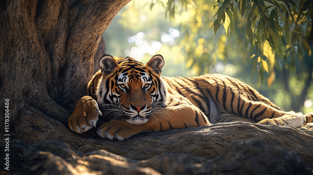 Poster a tiger resting in the shade of a banyan tree, with abstract dappled light falling on its fur, repre