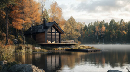 Obraz premium Cozy Cabin by the Autumn Lake